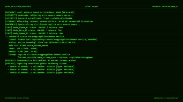 Core Data Stream Pipeline Dashboard With TLS Encryption Cluster Metrics and Network Transaction Animation.