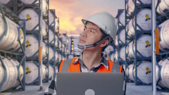 Close Up Of Asian Male Engineer With Safety Helmet Working On A Laptop And Looking Around While Standing at Industrial Chemical Tank Container Storage Facility
