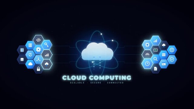Cloud computing concept animation with glowing cloud connected to data and technology icons