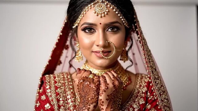 Beautiful Indian Bride in Traditional Red Lehenga and Jewelry.