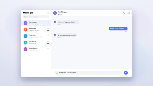 Animated chat messaging app interface with conversation bubbles appearing one by one