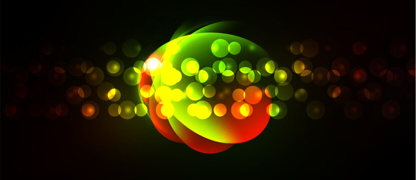 Bright glowing orbs overlap, creating vibrant light effect against dark background. Numerous small circles add depth, texture.