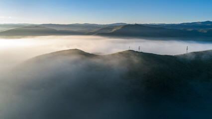 Fototapeta premium Panoramic sunset aerial scenery of Baihe River, Hongyuan grassland Sichuan