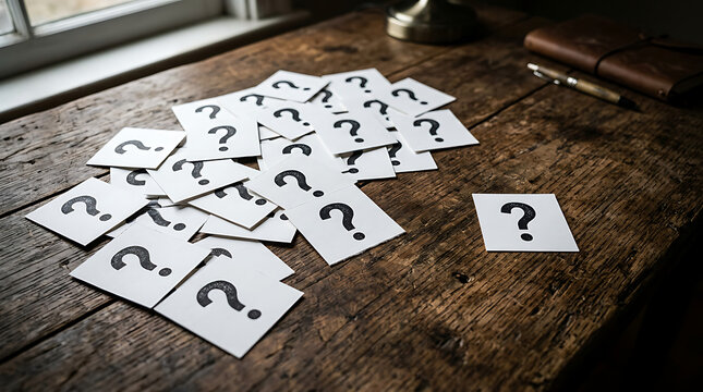 Many question mark cards scattered on a wooden table beside a notebook.