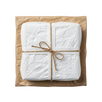 Wrapped gift box with twine and tag on brown paper