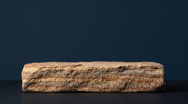 Eye-level macro view of a stratified sedimentary sand block podium