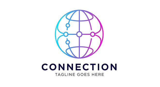 Global digital world connection logo design with linear globe network graphic connection communication internet technology business international corporate connectivity infrastructure