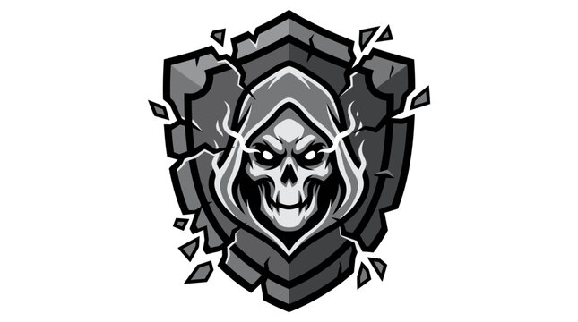 Grim Reaper Skull Shield Emblem, Dark Fantasy Gaming Logo Icon