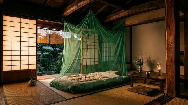 Kaya Mosquito Net over Futon in Traditional Japanese Tatami Room at Evening