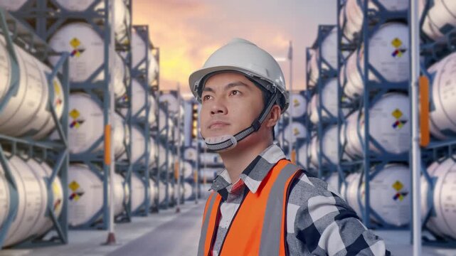 Close Up Side View Of Asian Male Engineer Wearing Safety Helmet Looking Around While Standing With Arms Akimbo at Industrial Chemical Tank Container Storage Facility