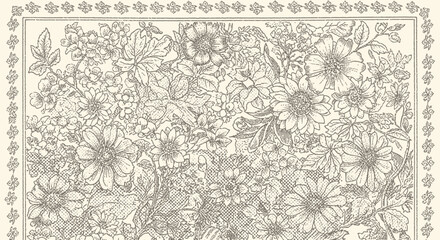 Obraz premium Vintage floral illustration, botanical line art, drawing of flowers with ornate border