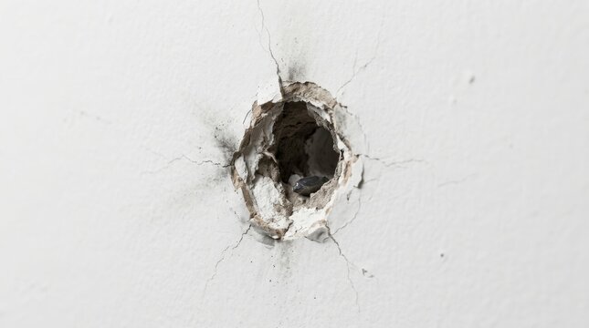 Single dark bullet hole impact crater on a white plastered wall surface with destruction concrete fragment violence shooting shattered background perforation structural evidence