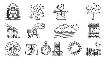 Obraz premium Farm and Weather Icons: Bell, Rain, Rooster, Well, Farmer, Sun, Compass