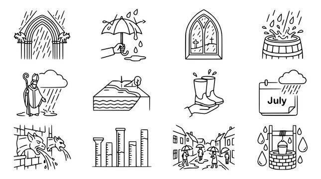 Weather Icons Set: Rain, Umbrella, Boots, Calendar, Well, Village Scene