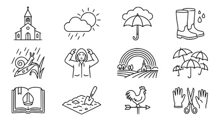Weather Icons Set: Rain, Sun, Umbrella, Boots, Church, Farming, Garden, Rooster, Bible © Instrumen