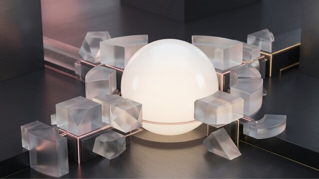Luminous consensus sphere with diverse geometric frosted glass elements organizing around it