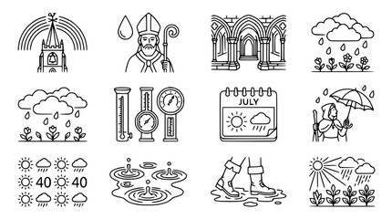 Obraz premium Weather Icons Collection: Rain, Sun, Church, Bishop, Calendar, Thermometer, Puddles
