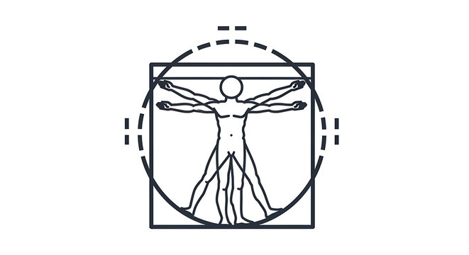 Vitruvian man silhouette icon inside geometric circle and square frame with vitruvian proportion geometry proportions classical mathematics measurement silhouette