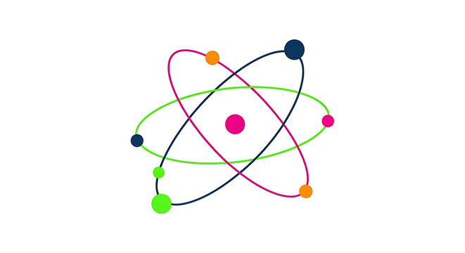 Colorful atom model symbol with elliptical orbits chemistry electron molecular research education laboratory scientific abstract colorful discovery