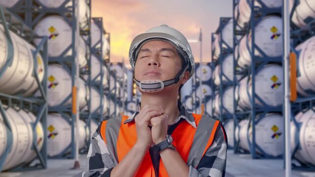 Close Up Of Asian Male Engineer With Safety Helmet Pray For Something While Standing at Industrial Chemical Tank Container Storage Facility