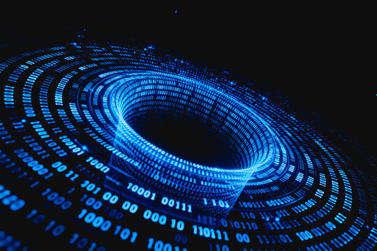 Futuristic visualization of binary data streams arranged in circular glowing patterns, representing digital information flow and technology.