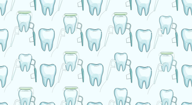 Seamless Pattern of Cartoon Teeth and Dental Tools, Oral Hygiene Concept