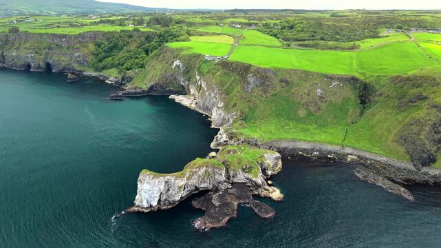 Aerial of the rugged coastline of Antrim in Ulster, Northern Ireland