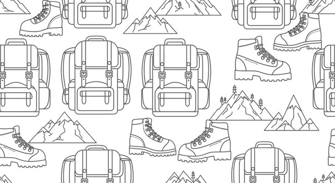 Seamless pattern of hiking boots, backpacks, and mountains in outline style.