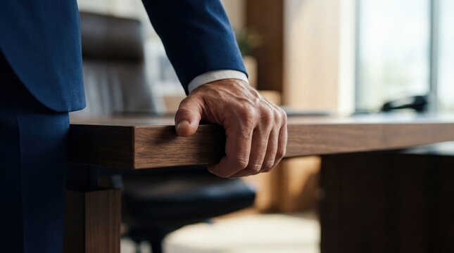 Confident Hand Gripping Desk Edge, Symbolizing Business Control and Power