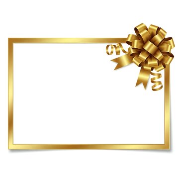 Golden gift bow on elegant envelope with decorative border isolated on white background