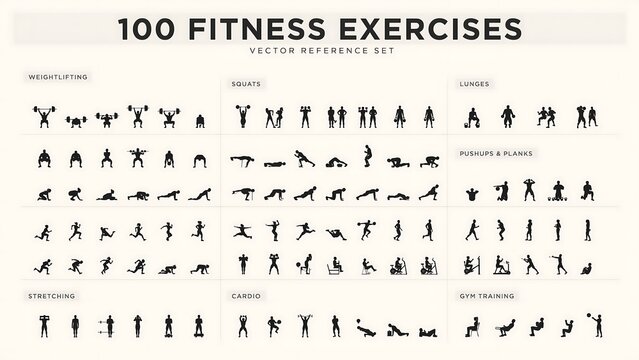 One hundred black fitness exercise silhouettes including weightlifting, squats, lunges, pushups, planks, and cardio on a light beige background