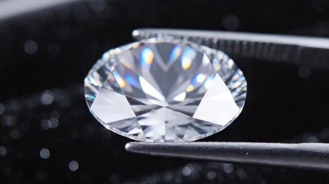 A Brilliant Diamond Being Held by Tweezers Against a Dark, Textured Background Showcasing Its Facets and Sparkle