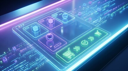 Fototapeta premium Abstract glowing digital interface representing futuristic e-commerce, online shopping, and secure data transaction technology with neon-lit user experience elements