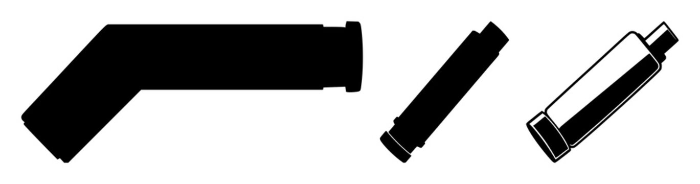 Solid black icon, white background: respiratory asthma inhaler set with simple line art design featuring sketches, drawings, vector graphics with minimalist and simple illustrations