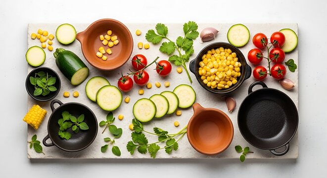 Ingredients for preparing traditional Mexican calabacitas arranged on a white stone cutting board with fresh vegetables corn and herbs in ceramic bowls