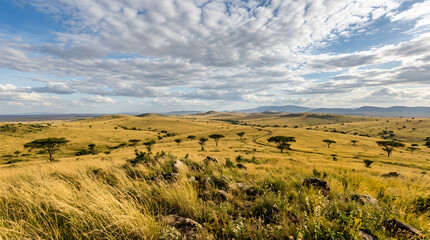 Fototapeta premium Vast Golden Savanna Hills with Winding Path and Acacia Trees