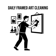 Fototapeta premium Man Cleaning Framed Art with Cloth in Daily Routine.
