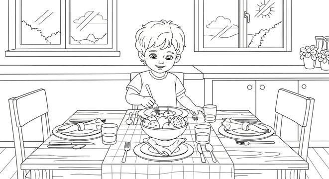 Child Eating Meal at Table.