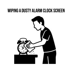 Naklejka premium Man Carefully Cleans a Dusty Alarm Clock Screen with Cloth.