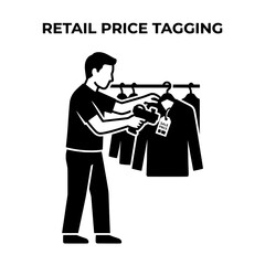 Fototapeta premium Retail worker tagging clothing items with a price gun for sale.