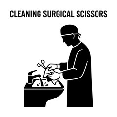 Naklejka premium Surgeon Cleans Surgical Scissors in Preparation for Operation.