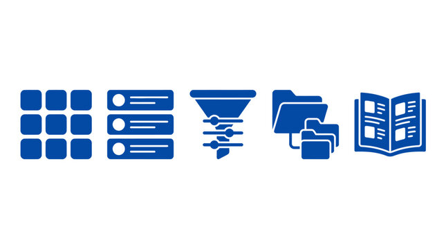 Collection of blue icons representing data organization, filtering, and documents