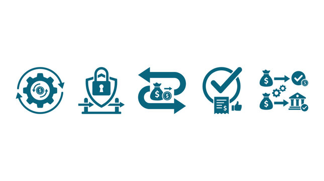 Financial Workflow Icons: Security, Transaction, Approval, and Banking Process