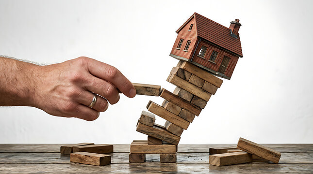 A hand destabilizes a house built on stacked wooden blocks on a table.