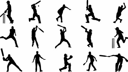 Fototapeta premium Vector cricket player silhouettes in various poses on transparent background
