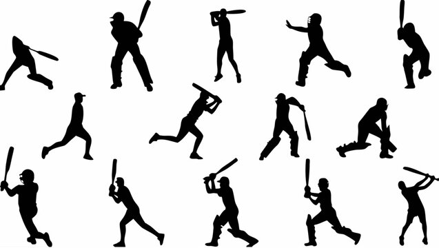 Vector illustration of multiple baseball player silhouettes in various poses with bats on transparent background