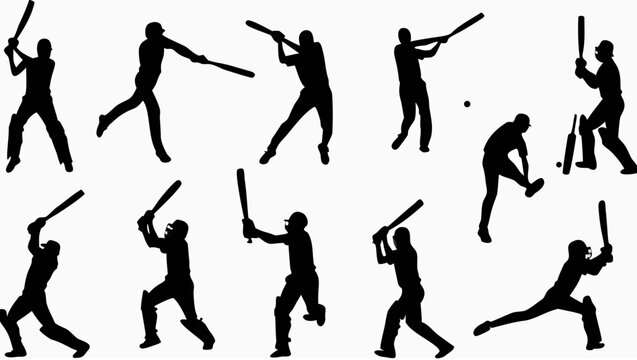 Vector illustration of baseball players swinging bats in various poses on transparent background