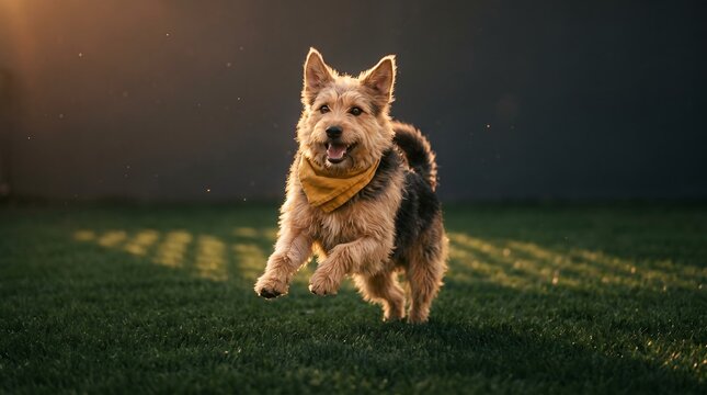 Happy scruffy mutt dog running on green grass at sunset