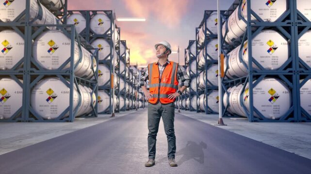 Full Body Of Asian Male Engineer Wearing Safety Helmet Looking Around While Standing With Arms Akimbo at Industrial Chemical Tank Container Storage Facility