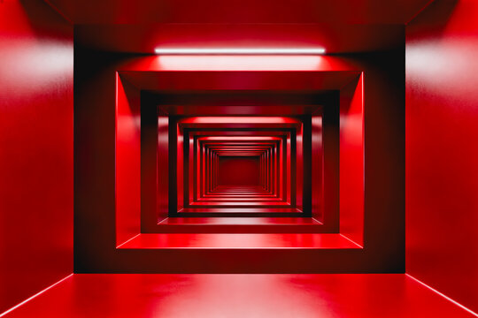 A symmetrical, monochromatic red tunnel with recursive geometric frames, illuminated by a linear ceiling light, creating a sense of depth and perspective.